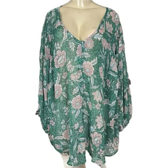 Torrid +5 Semi-Sheer Green Floral Button Down V-Neck 3/4 Blouson Sleeve Blouse - Picture 2 of 6